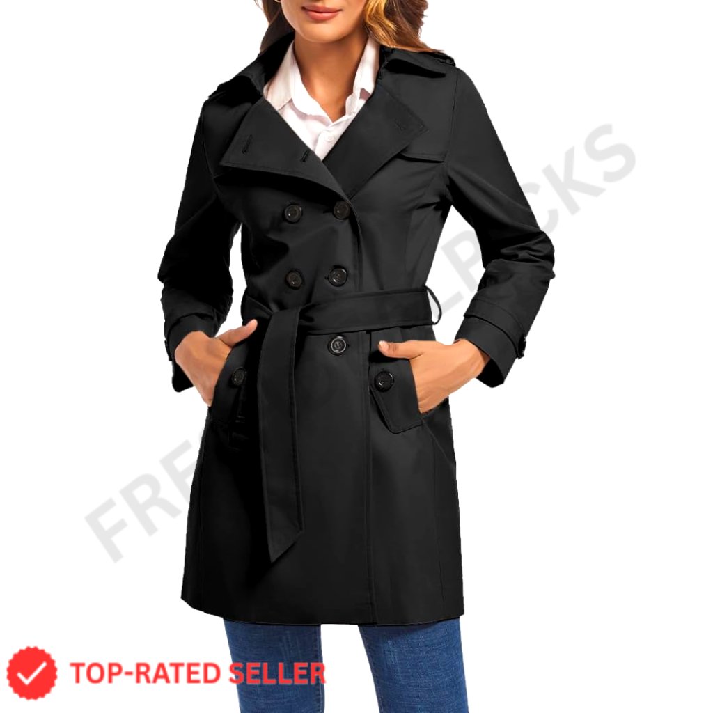 Double Breasted Trench Coat Classic Belted Slim Fit Water Resistant Windbreaker